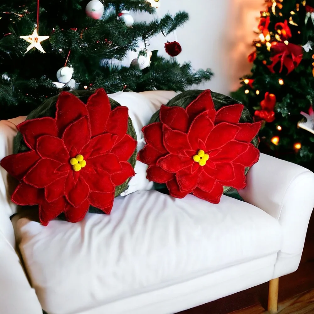 MCM Set 2 Christmas Poinsettia Throw Pillows Velour Velveteen Yellow Ball Fringe